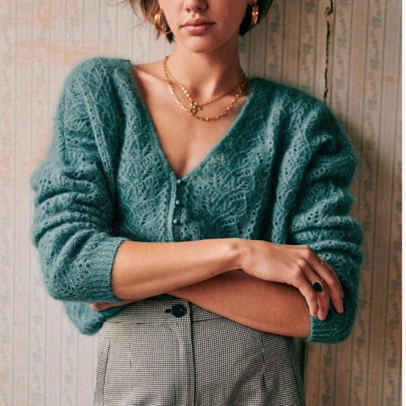 NWT Sezane Lison Cardigan Emerald Green French Knit Causal Wool - Picture 1 of 8